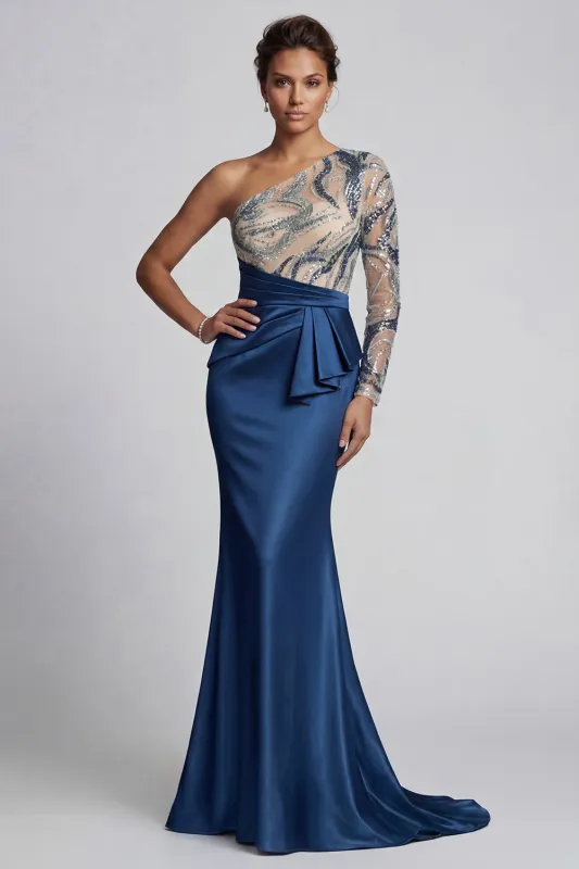 Sparkly Navy One-Shoulder Mermaid Mother of the Bride Dress made by Zapaka