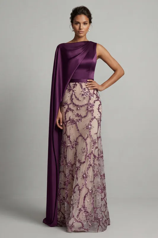 Sparkly Dark Purple Mermaid Satin Mother of the Bride Dress with Side Cape made by Zapaka