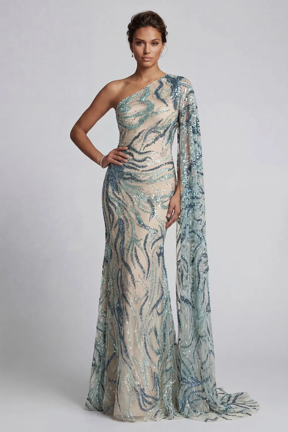 Sparkly One Shoulder Light Blue Mermaid Mother of the Bride Dress with Side Cape sold by Zapaka