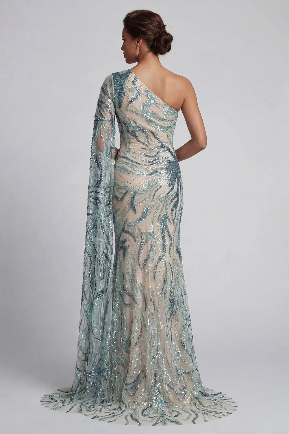 Sparkly One Shoulder Light Blue Mermaid Mother of the Bride Dress with Side Cape sold by Zapaka product image thumbnail 2