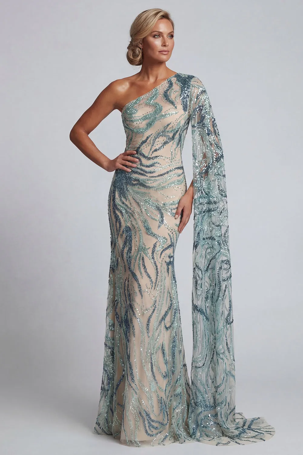 Sparkly One Shoulder Light Blue Mermaid Mother of the Bride Dress with Side Cape sold by Zapaka product image thumbnail 3
