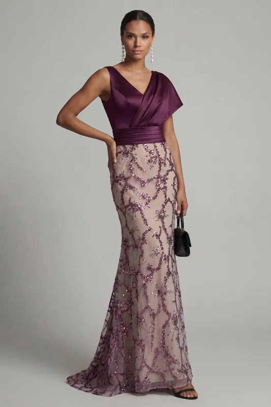 Dark Purple V-Neck Mermaid Sequined Mother of the Bride Dress made by Zapaka