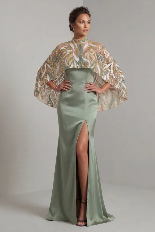 Light Green Satin Mermaid Mother of the Bride Dress with Detachable Cape made by Zapaka