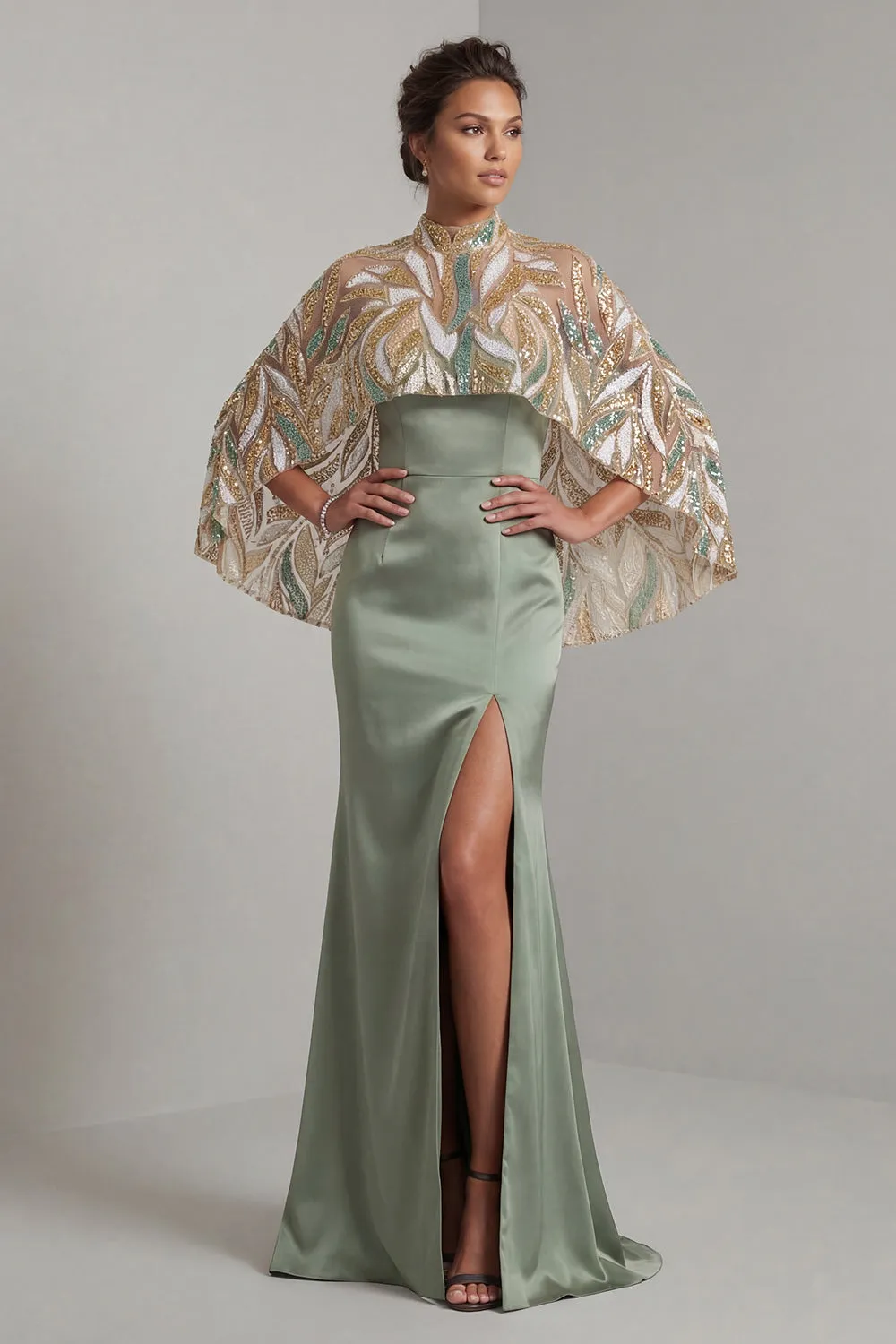 Light Green Satin Mermaid Mother of the Bride Dress with Detachable Cape sold by Zapaka
