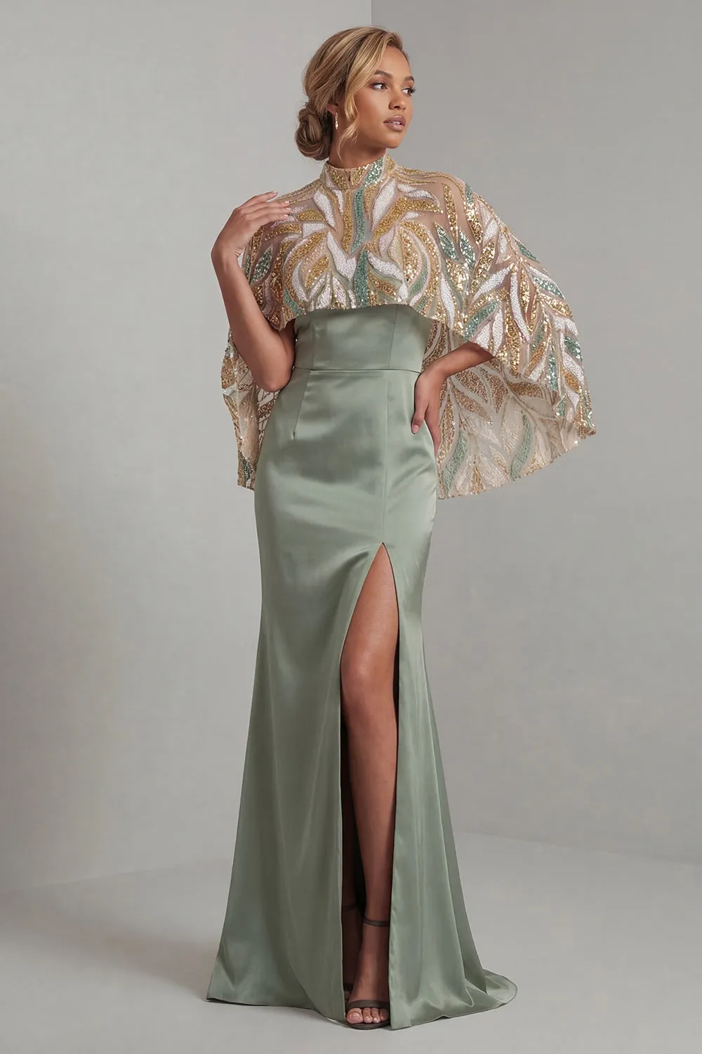 Light Green Satin Mermaid Mother of the Bride Dress with Detachable Cape sold by Zapaka product image thumbnail 3