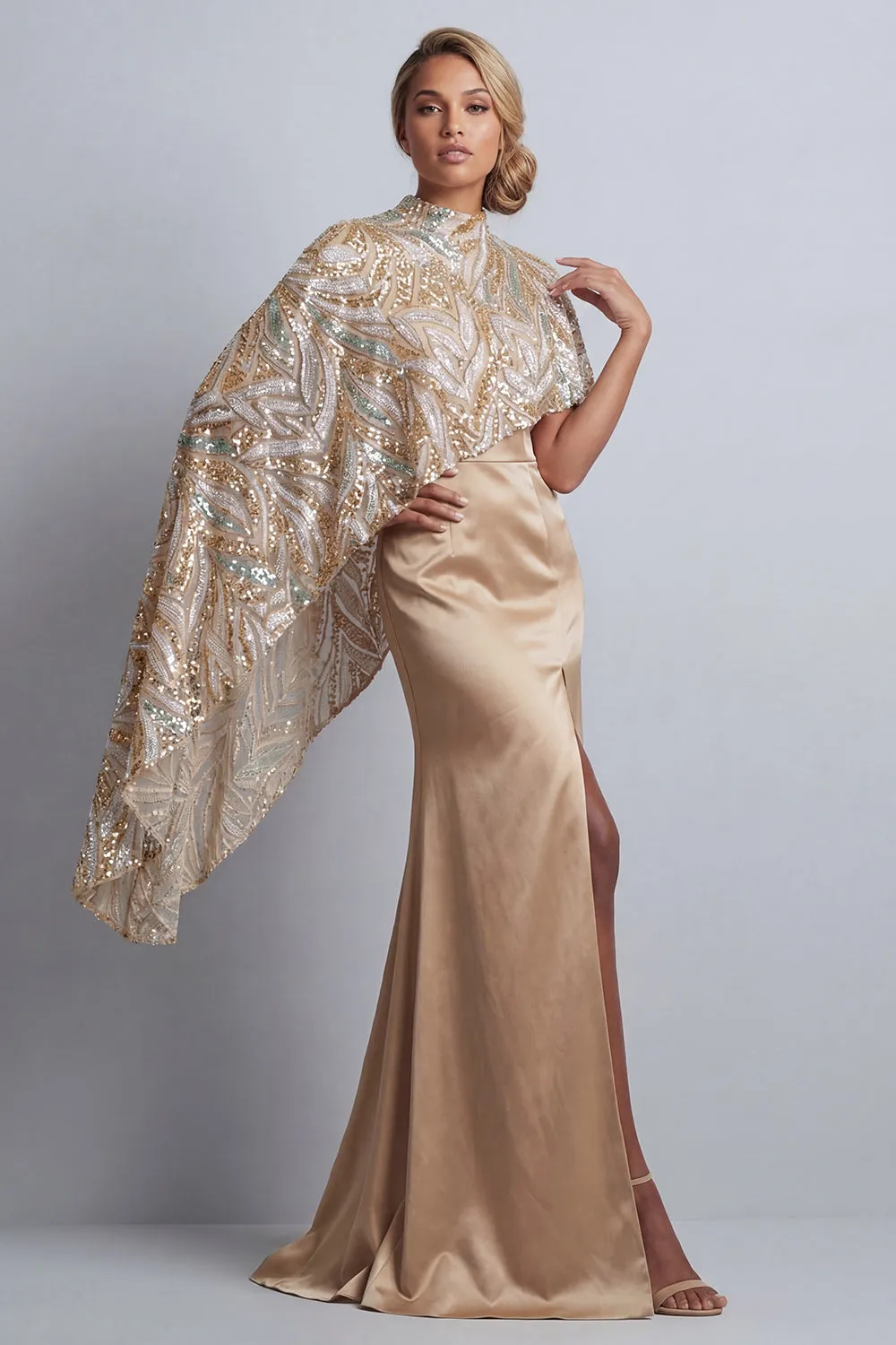 Champagne Mermaid Satin Mother of the Bride Dress with Detachable Cape sold by Zapaka product image thumbnail 3