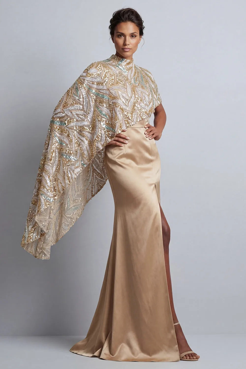 Champagne Mermaid Satin Mother of the Bride Dress with Detachable Cape sold by Zapaka