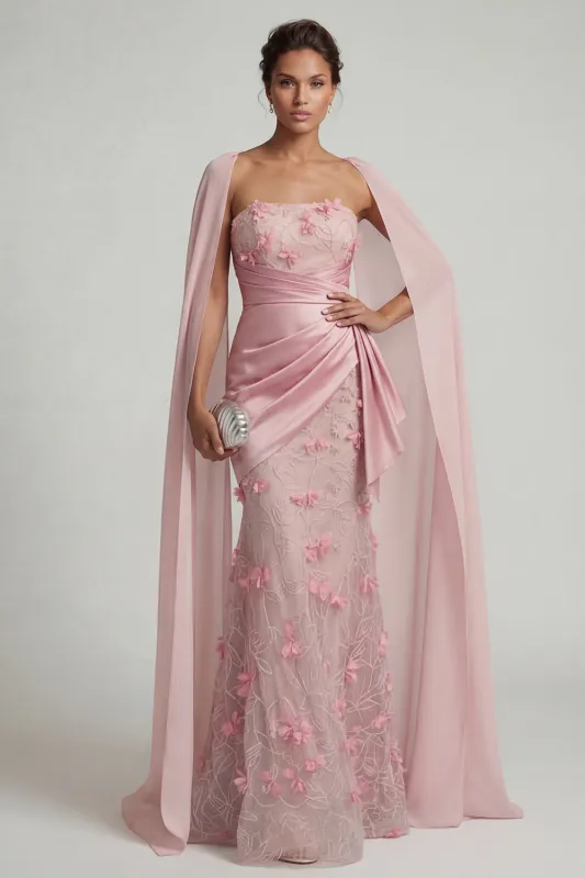 Strapless Pink Mermaid Floral Mother of the Bride Dress with Detachable Cape made by Zapaka