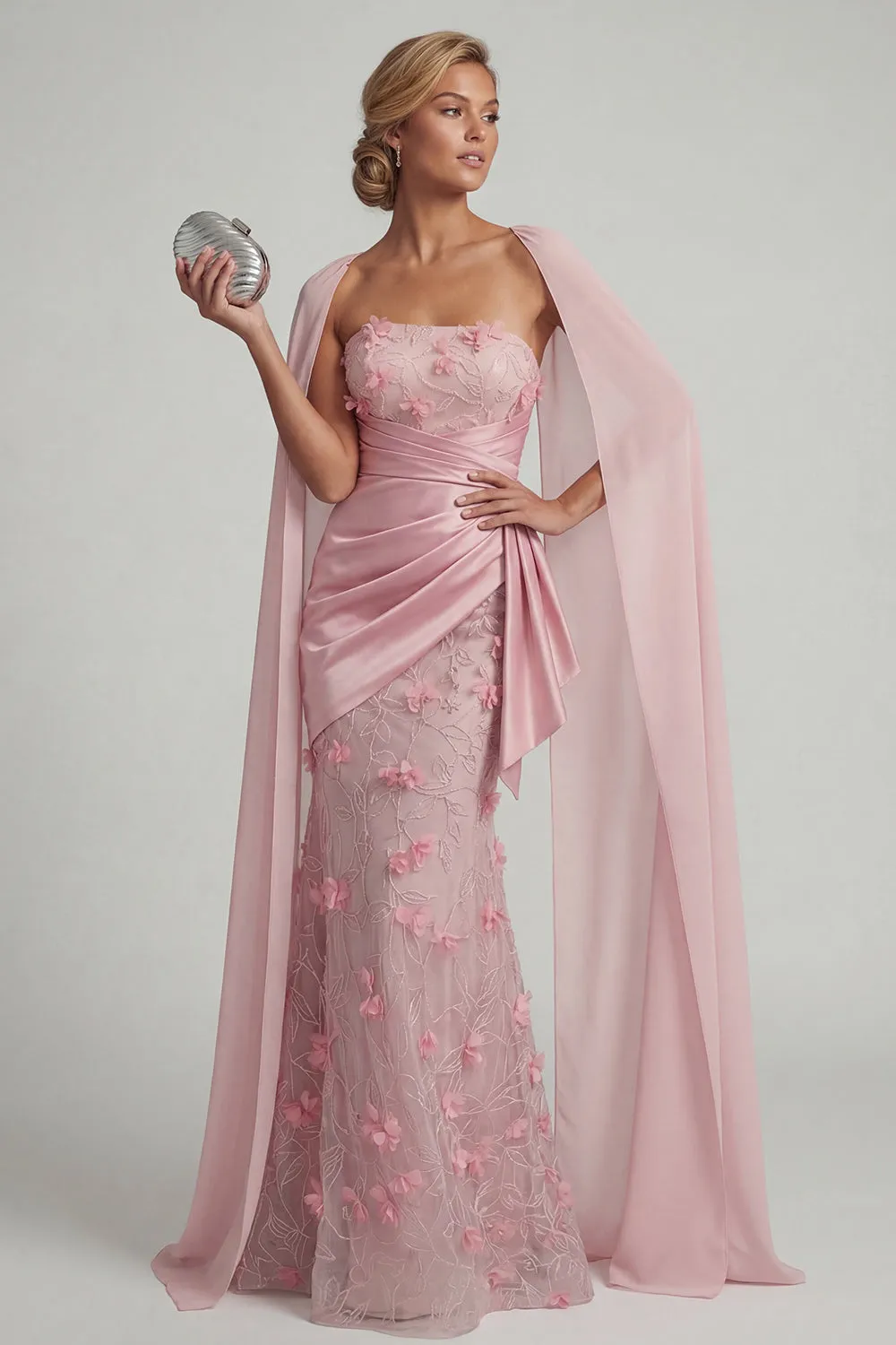 Strapless Pink Mermaid Floral Mother of the Bride Dress with Detachable Cape sold by Zapaka product image thumbnail 3