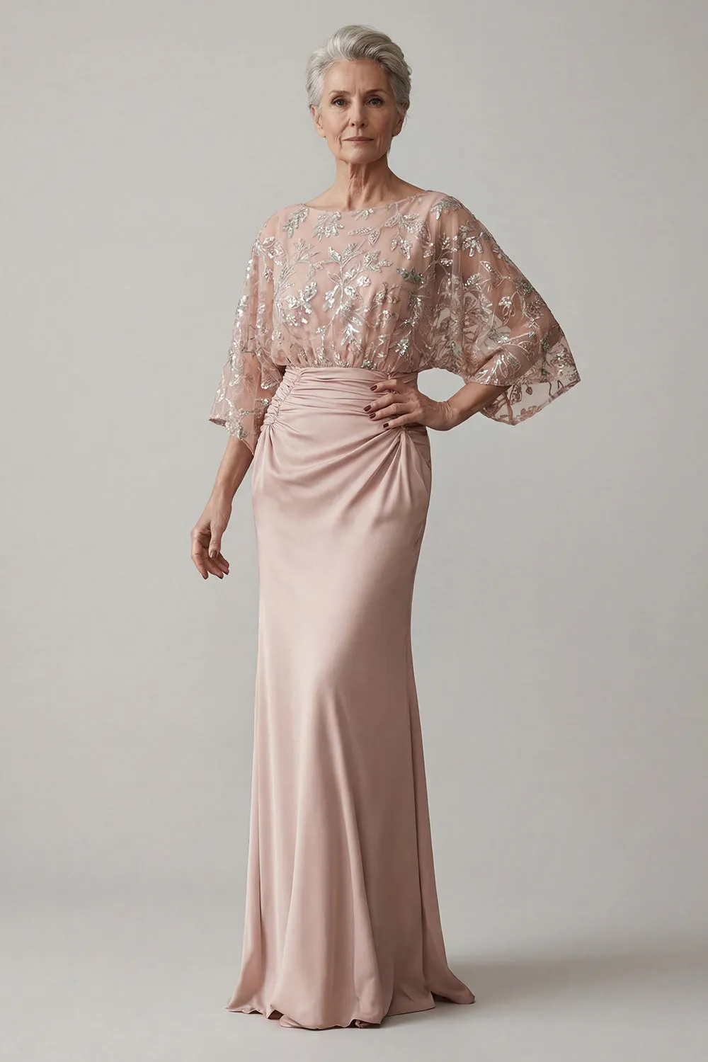 Blush Bateau Neck Floral Sparkly Beaded Mermaid Long Mother of the Bride Dress sold by Zapaka