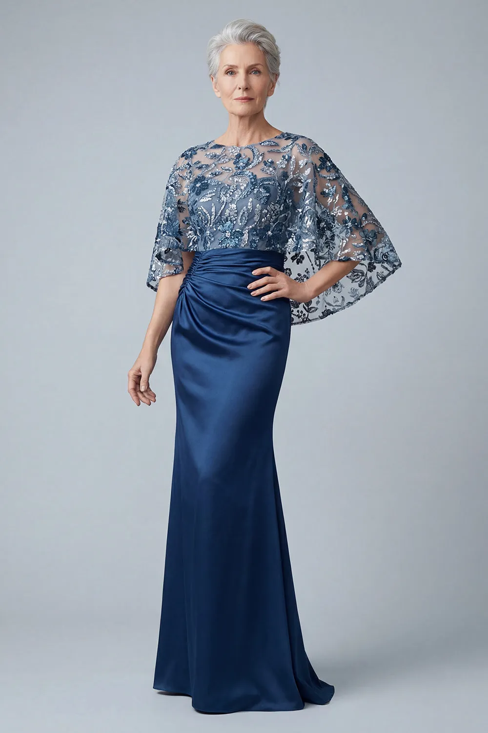 Floral Navy Sparkly Sequin Mermaid Long Ruched Mother of the Bride Dress sold by Zapaka