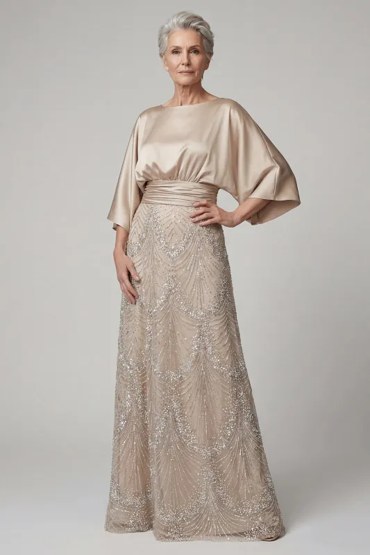 Sparkly Boat Neck A Line Champagne Beaded Long Mother of the Bride Dress made by Zapaka