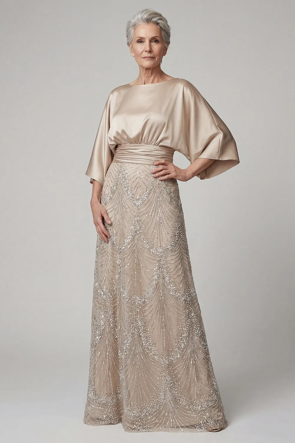 Sparkly Boat Neck A Line Champagne Beaded Long Mother of the Bride Dress sold by Zapaka