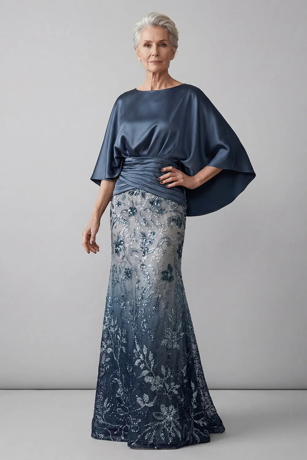 Sparkly Mermaid Long Floral Navy Sequin Mother of the Bride Dress sold by Zapaka