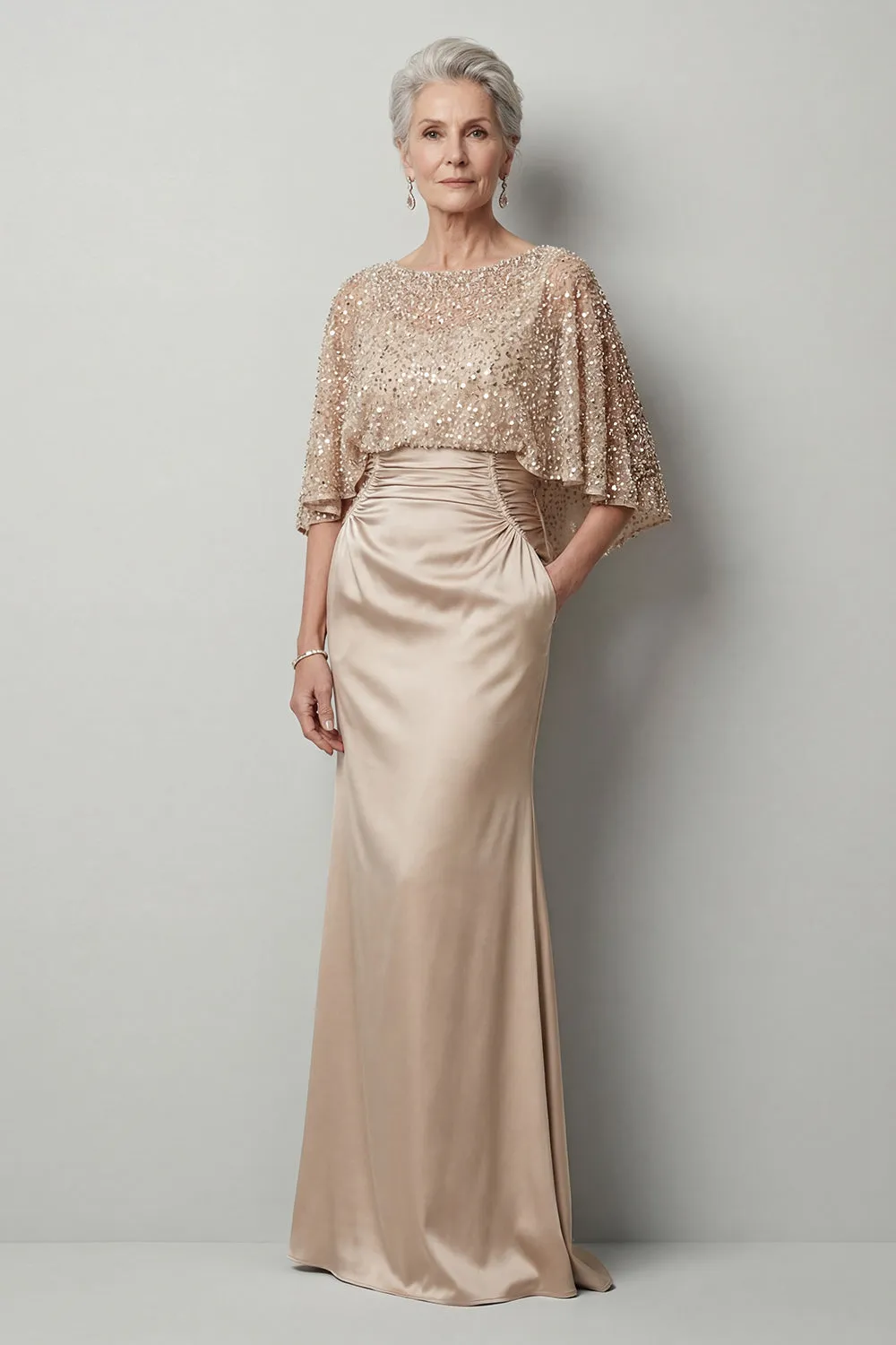 Sparkly Sequin Champagne Long Mermaid Mother of the Bride Dress with Pockets sold by Zapaka