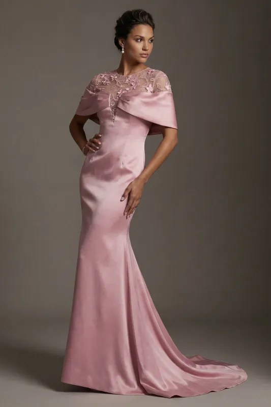 Mermaid Satin Pink Round Neck Long Mother Of the Bride Dress made by Zapaka