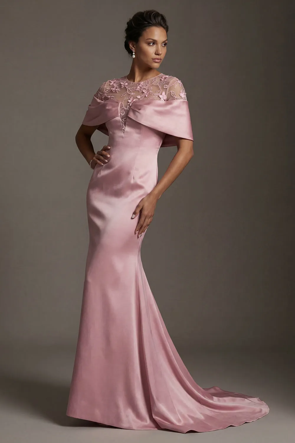 Mermaid Satin Pink Round Neck Long Mother Of the Bride Dress sold by Zapaka