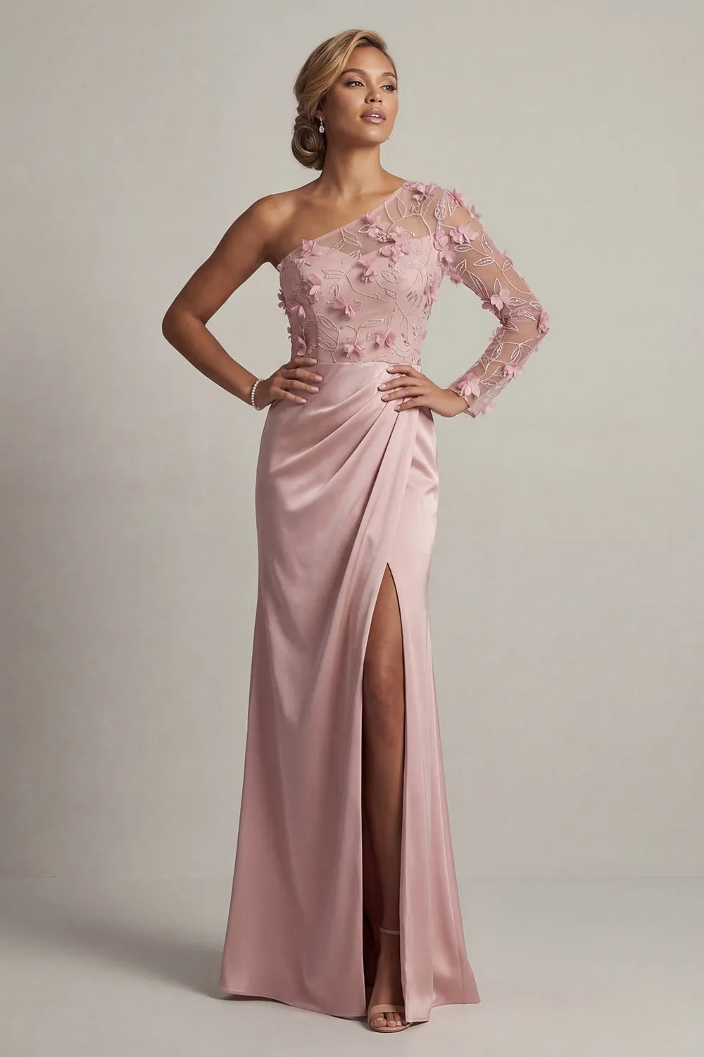 Satin Dusty Rose Sheath One Shoulder Ruched Mother Of the Bride Dress with Slit sold by Zapaka product image thumbnail 3
