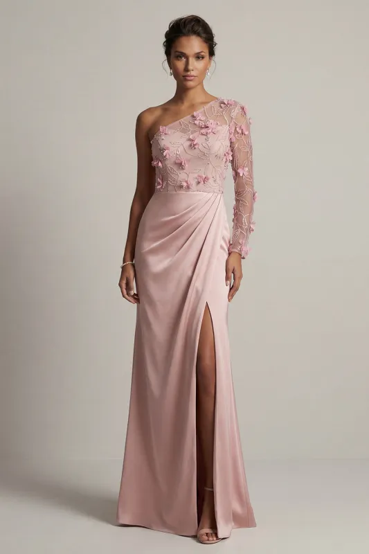Satin Dusty Rose Sheath One Shoulder Ruched Mother Of the Bride Dress with Slit made by Zapaka