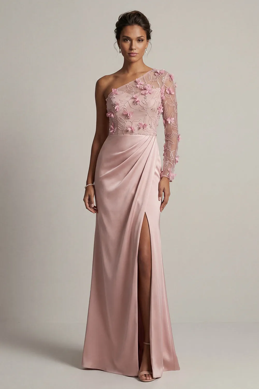 Satin Dusty Rose Sheath One Shoulder Ruched Mother Of the Bride Dress with Slit sold by Zapaka