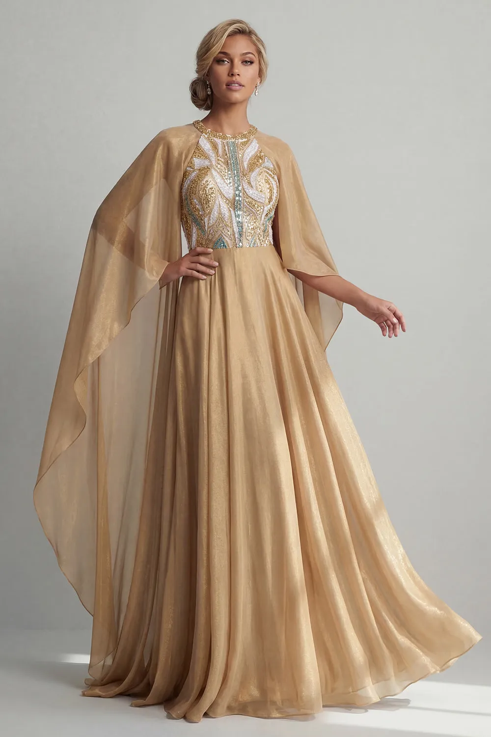 Champagne A-Line Round Neck Sequins Mother Of the Bride Dress with Long Sleeves sold by Zapaka product image thumbnail 3