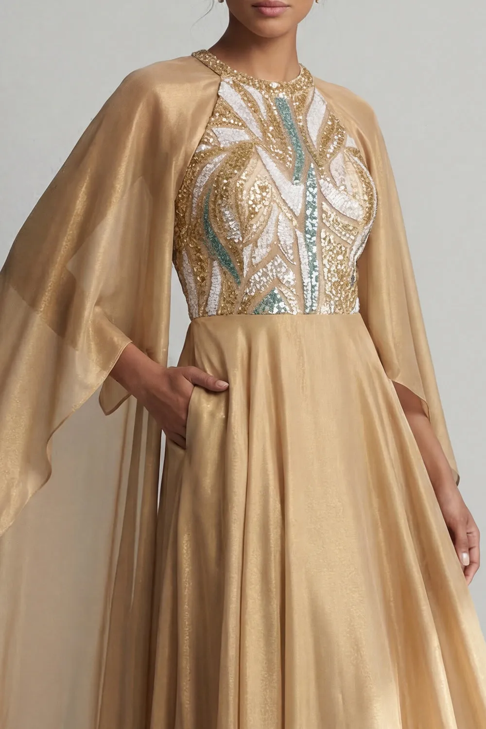 Champagne A-Line Round Neck Sequins Mother Of the Bride Dress with Long Sleeves sold by Zapaka product image thumbnail 4