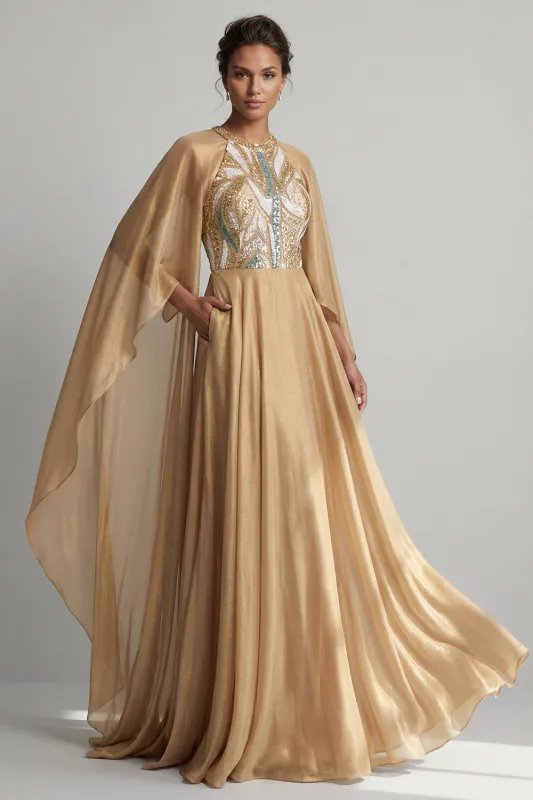 Champagne A-Line Round Neck Sequins Mother Of the Bride Dress with Long Sleeves made by Zapaka