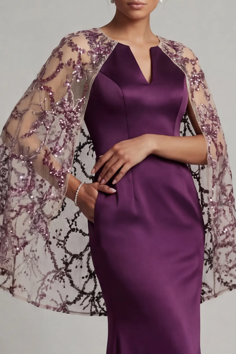 Dark Purple Satin Mermaid Round Neck Mother Of the Bride Dress with Sheer Cape sold by Zapaka product image thumbnail 4