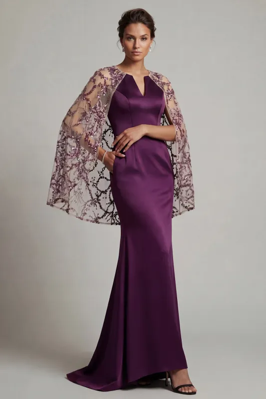 Dark Purple Satin Mermaid Round Neck Mother Of the Bride Dress with Sheer Cape made by Zapaka