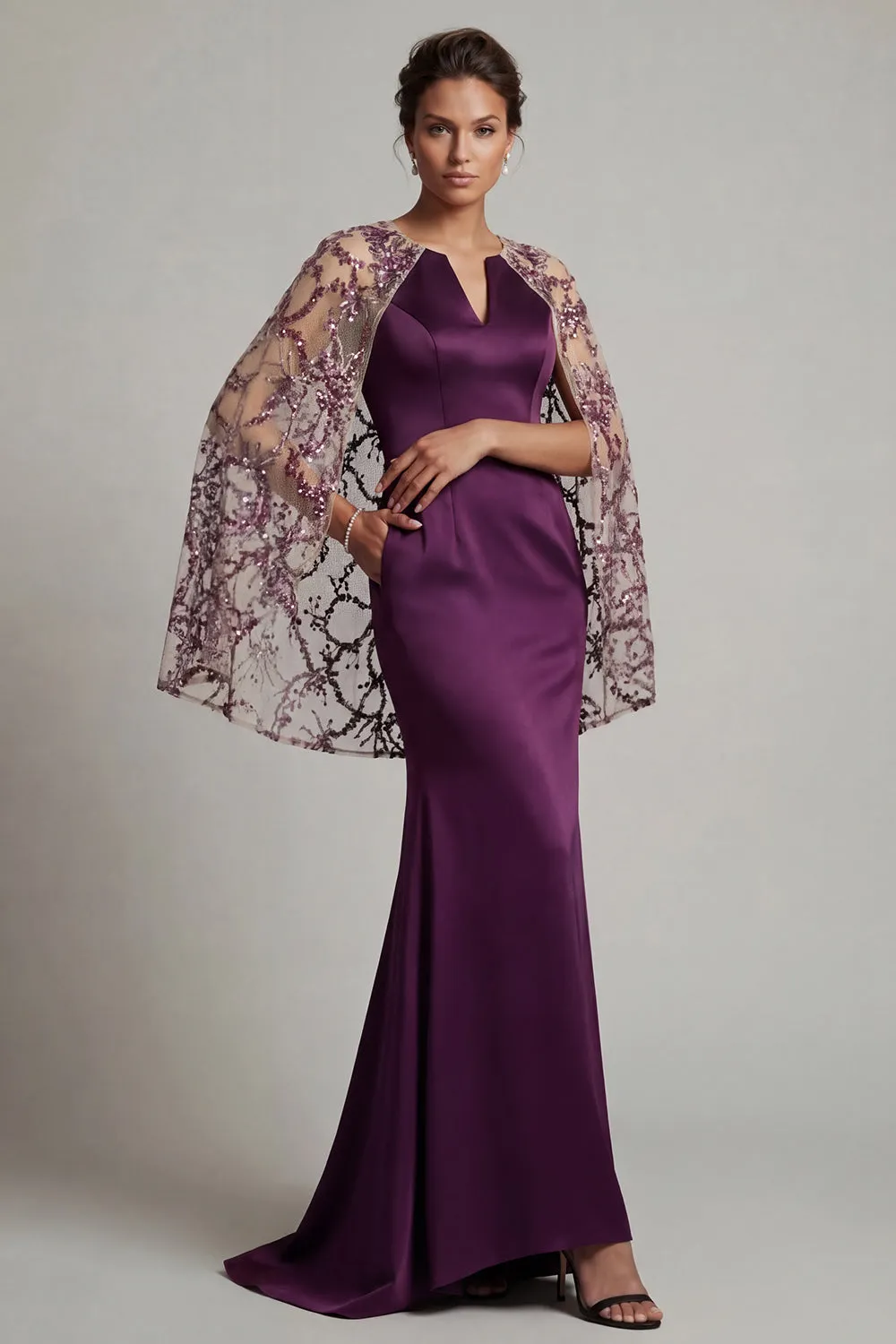 Dark Purple Satin Mermaid Round Neck Mother Of the Bride Dress with Sheer Cape sold by Zapaka