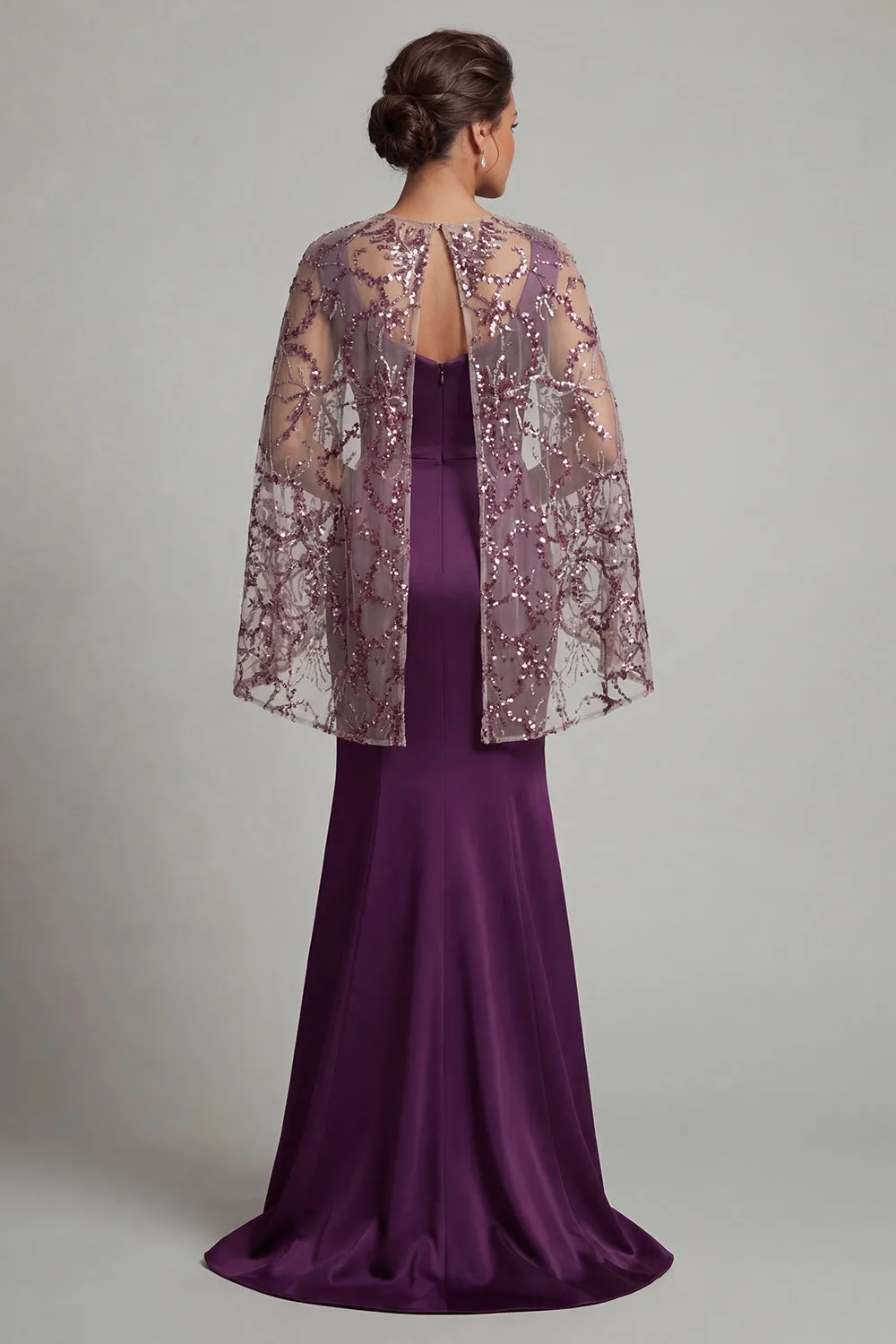 Dark Purple Satin Mermaid Round Neck Mother Of the Bride Dress with Sheer Cape sold by Zapaka product image thumbnail 2
