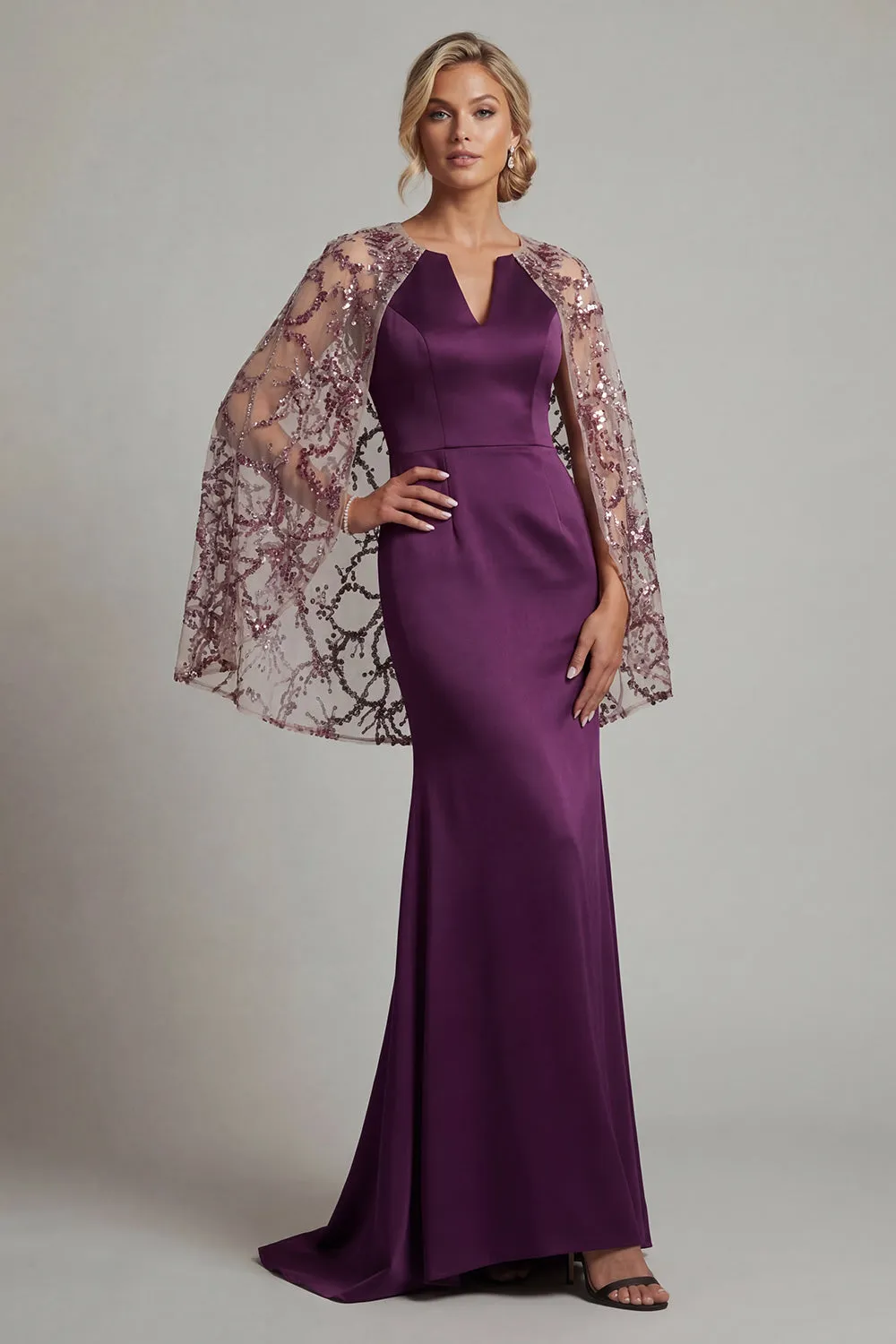 Dark Purple Satin Mermaid Round Neck Mother Of the Bride Dress with Sheer Cape sold by Zapaka product image thumbnail 3