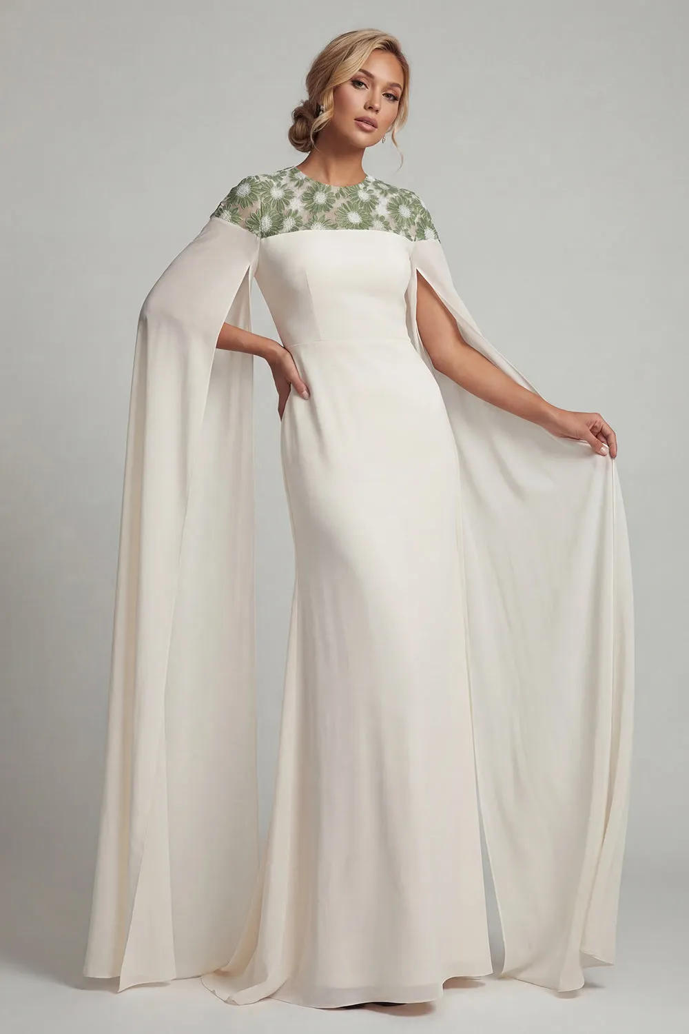Ivory Chiffon Sheath Round Neck Mother Of the Bride Dress with Long Sleeves sold by Zapaka product image thumbnail 3