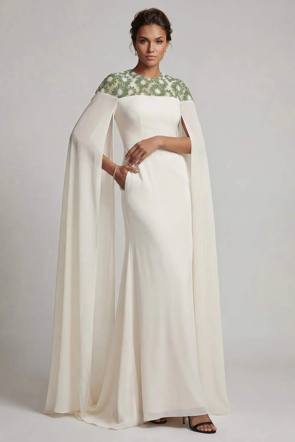 Ivory Chiffon Sheath Round Neck Mother Of the Bride Dress with Long Sleeves sold by Zapaka