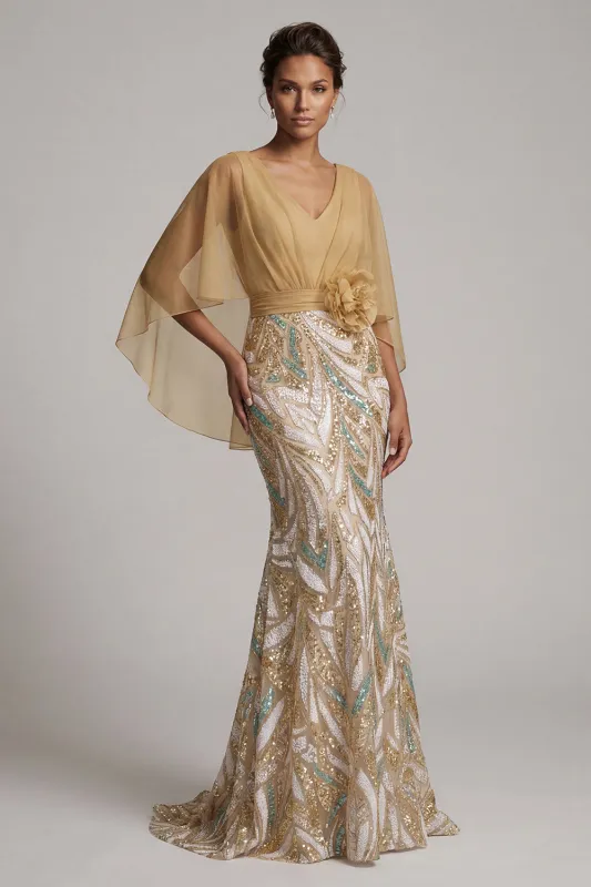 Sparkly Champagne Mermaid Sequins V-Neck Mother Of the Bride Dress with Cape made by Zapaka