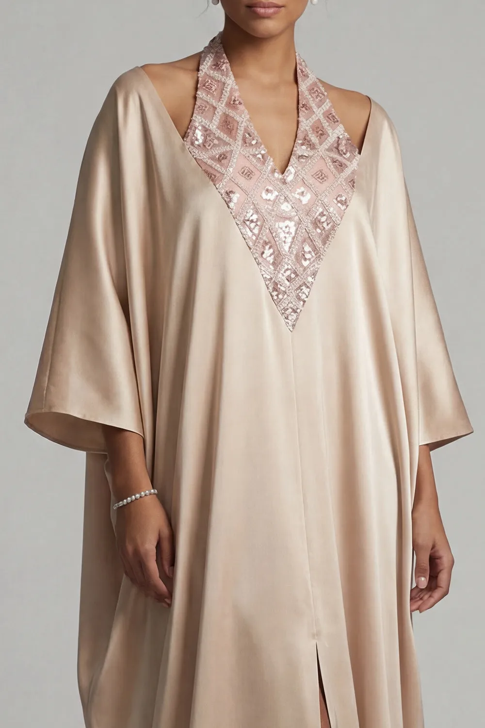 Satin Champagne Halter Neck Sheath Sequins Mother Of the Bride Dress with Slit sold by Zapaka product image thumbnail 4