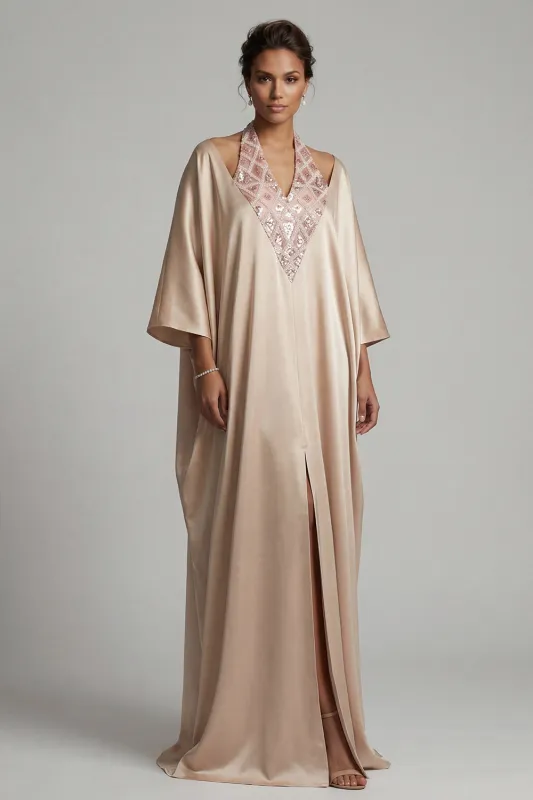 Satin Champagne Halter Neck Sheath Sequins Mother Of the Bride Dress with Slit made by Zapaka