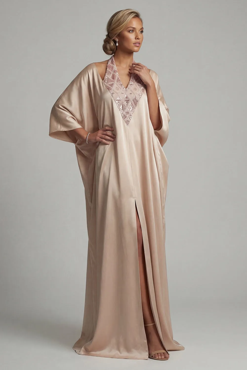 Satin Champagne Halter Neck Sheath Sequins Mother Of the Bride Dress with Slit sold by Zapaka product image thumbnail 3