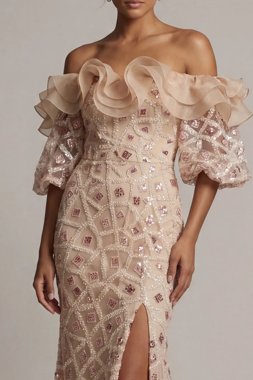 Champagne Off the Shoulder Mermaid Sequins Long Mother Of the Bride Dress with Slit sold by Zapaka product image thumbnail 4