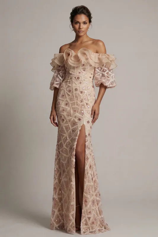 Champagne Off the Shoulder Mermaid Sequins Long Mother Of the Bride Dress with Slit made by Zapaka