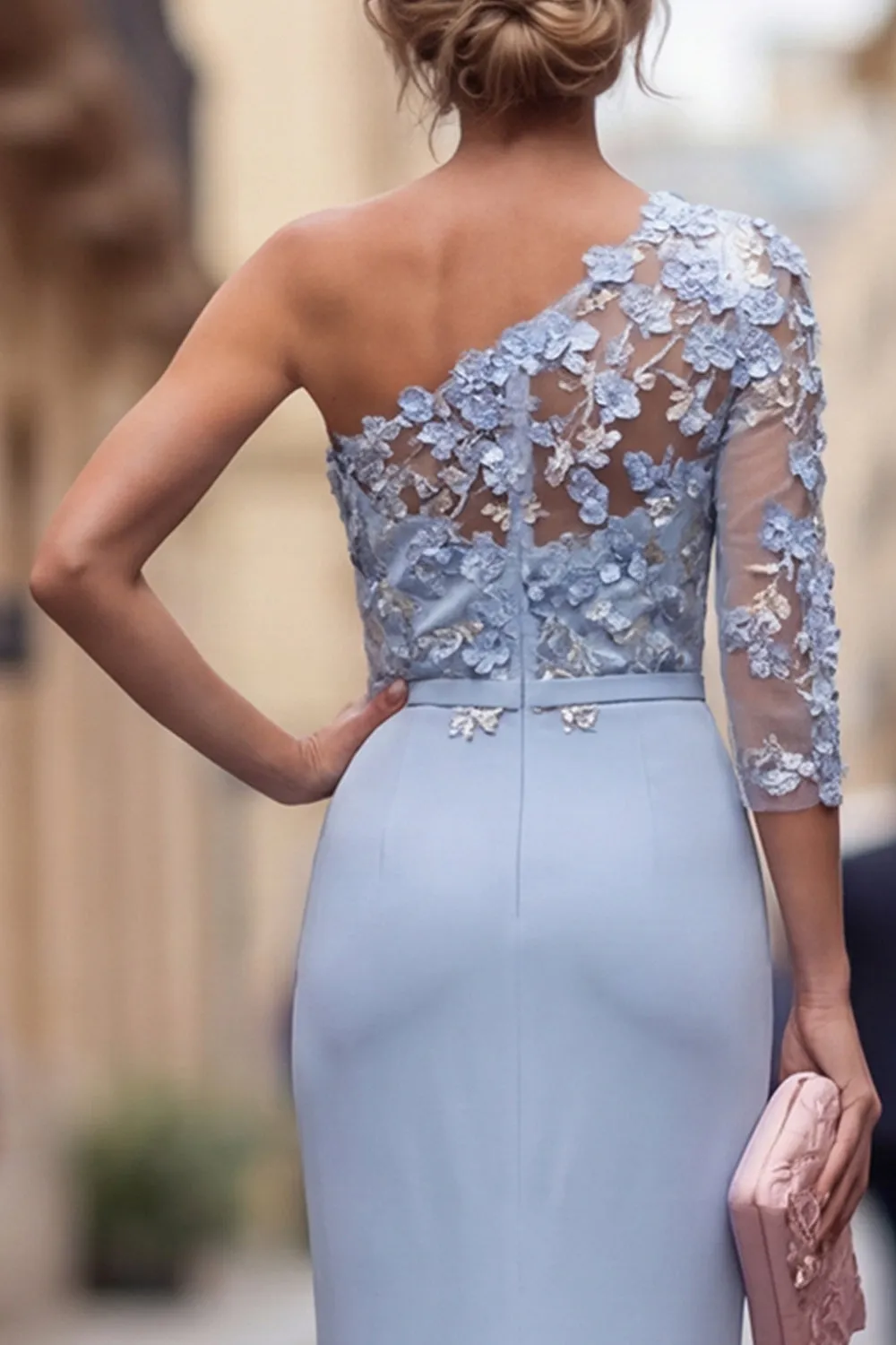 One Shoulder Light Blue Sheath Appliqued Floral Long Mother Of the Bride Dress sold by Zapaka product image thumbnail 5