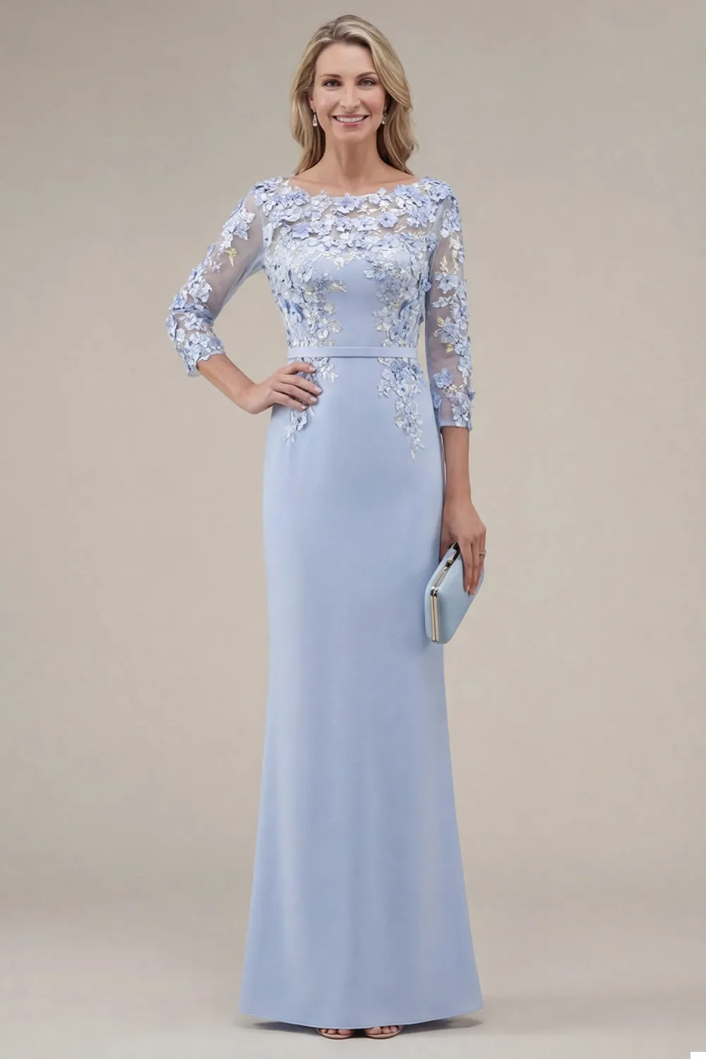 Blush Velvet Sheath Bateau Neck Appliqued Long Mother Of the Bride Dress with 3D Flowers sold by Zapaka product image thumbnail 2