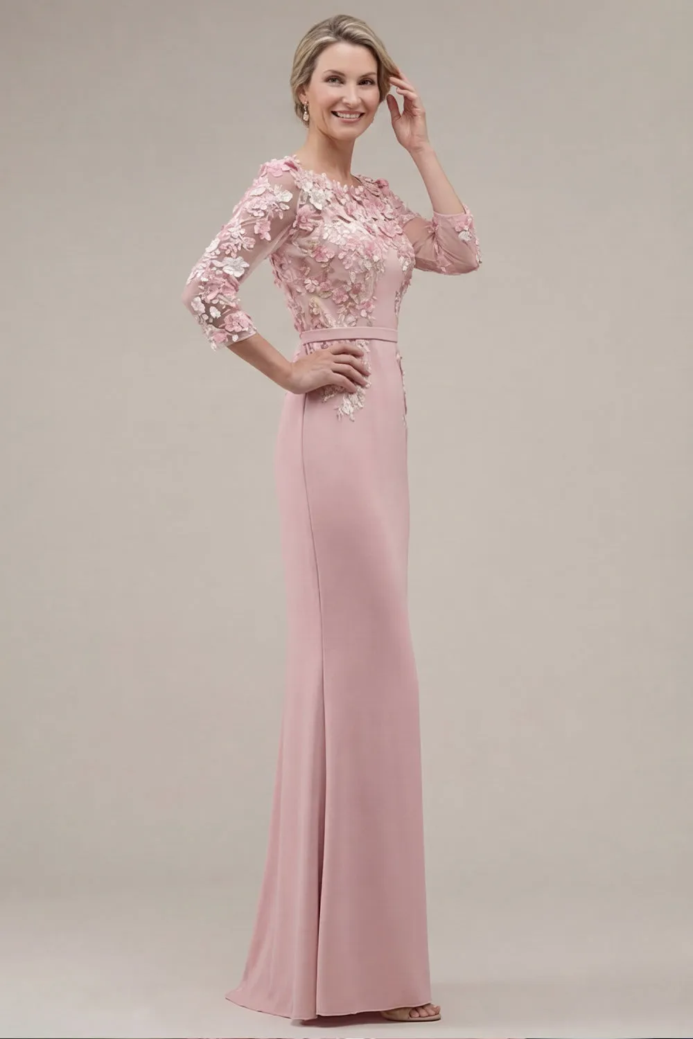 Blush Velvet Sheath Bateau Neck Appliqued Long Mother Of the Bride Dress with 3D Flowers sold by Zapaka product image thumbnail 4