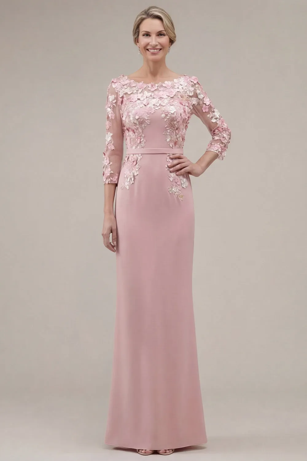 Blush Velvet Sheath Bateau Neck Appliqued Long Mother Of the Bride Dress with 3D Flowers sold by Zapaka