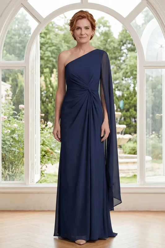 Chiffon Navy One Shoulder Ruched Mother Of the Bride Dress with Cape Sleeve made by Zapaka