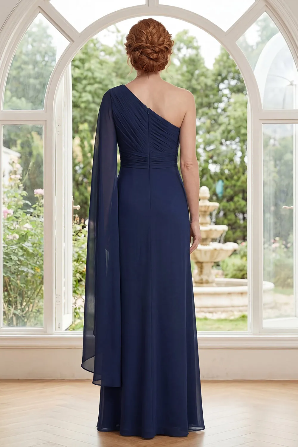 Chiffon Navy One Shoulder Ruched Mother Of the Bride Dress with Cape Sleeve sold by Zapaka product image thumbnail 2