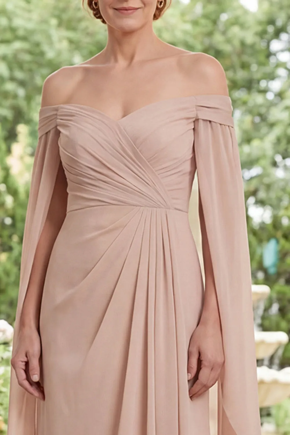 Chiffon Champagne Off the Shoulder Ruched Mother Of the Bride Dress with Cape Sleeves sold by Zapaka product image thumbnail 3