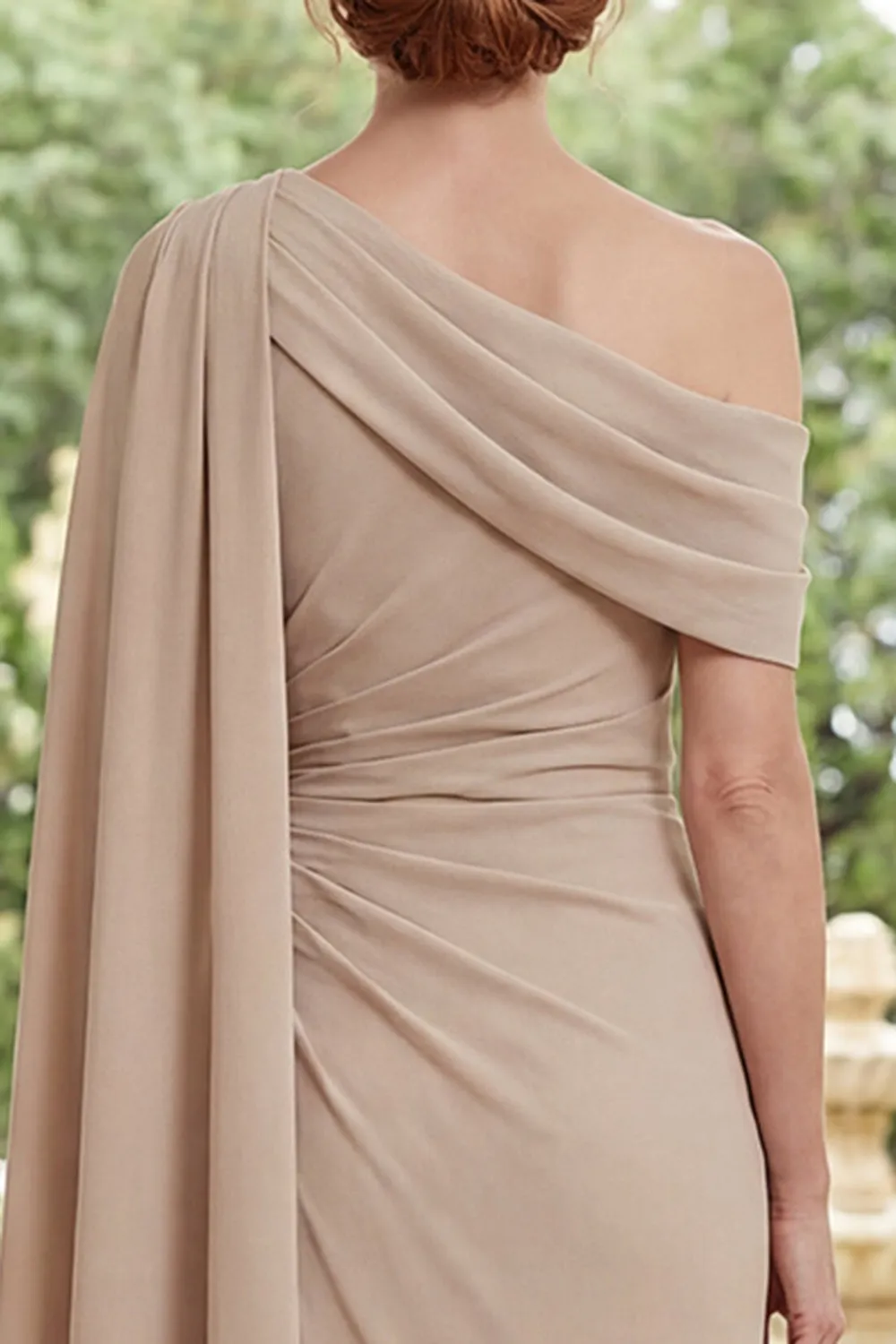 Champagne One Shoulder Chiffon Ruched Long Mother Of the Bride Dress with Side Cape sold by Zapaka product image thumbnail 4