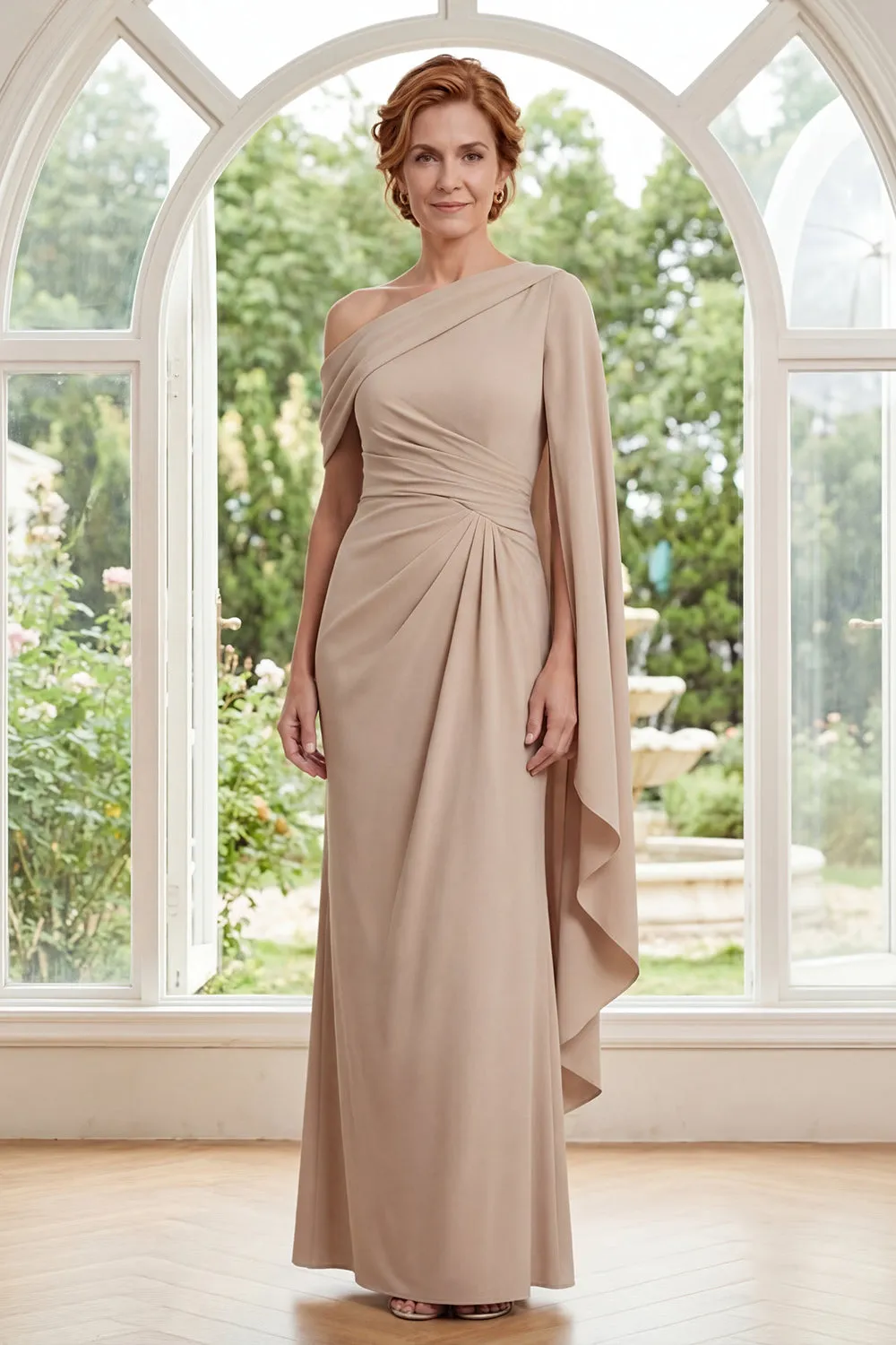Champagne One Shoulder Chiffon Ruched Long Mother Of the Bride Dress with Side Cape sold by Zapaka