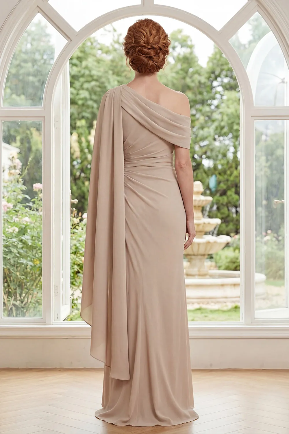 Champagne One Shoulder Chiffon Ruched Long Mother Of the Bride Dress with Side Cape sold by Zapaka product image thumbnail 2